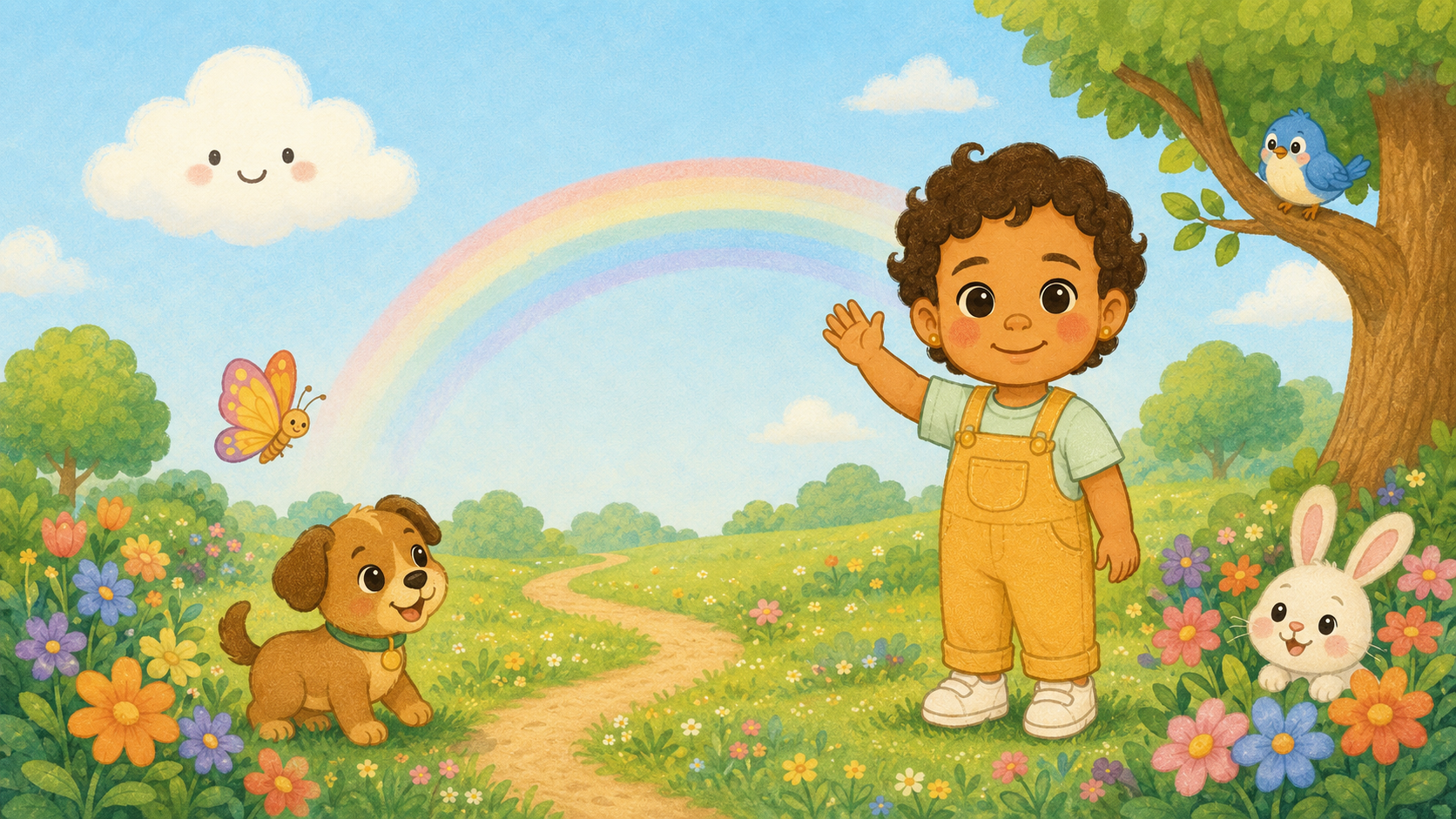 Sofie in a sunny meadow with friendly animals